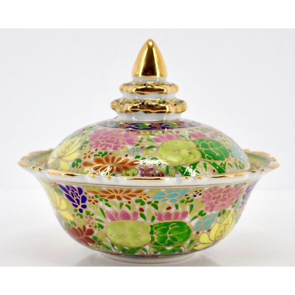 Hand Thai Painted Gold Tone Pottery BENJARONG Porcelain Cup & Lid Cloisonné 4.5" - Picture 2 of 14